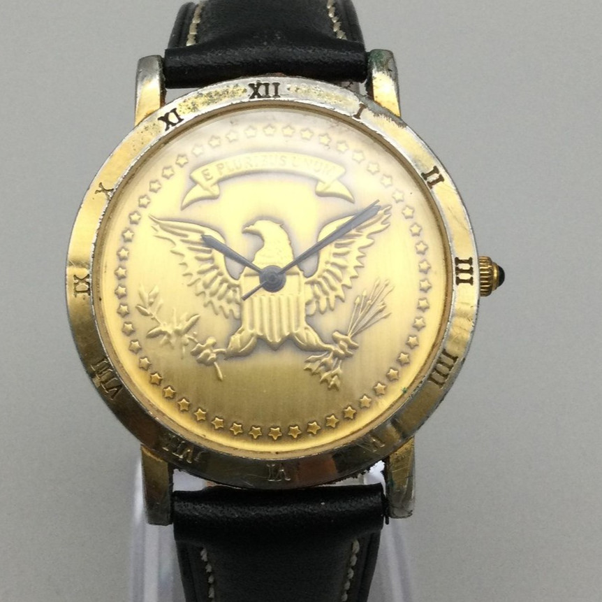 Faux Coin Eagle Seal Mens Watch 35mm Gold Tone Black Leather Band New Battery