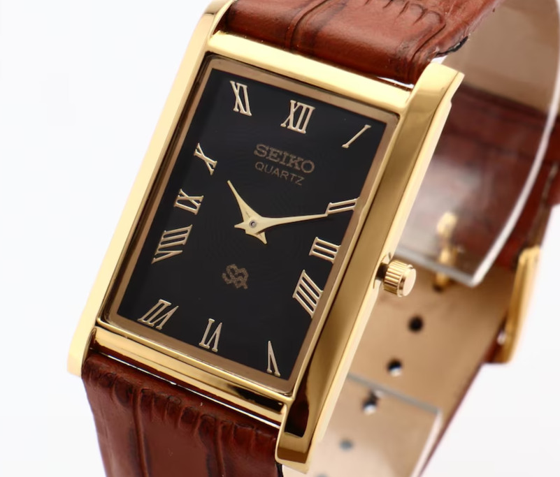 Vintage Seiko Slim Tank Quartz Men Black Face Dress Watch-Free Shipping 01