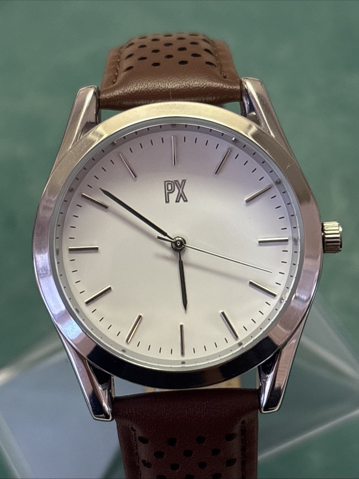 PX Perforated Leather Watch Brown Strap White Face 40mm Case