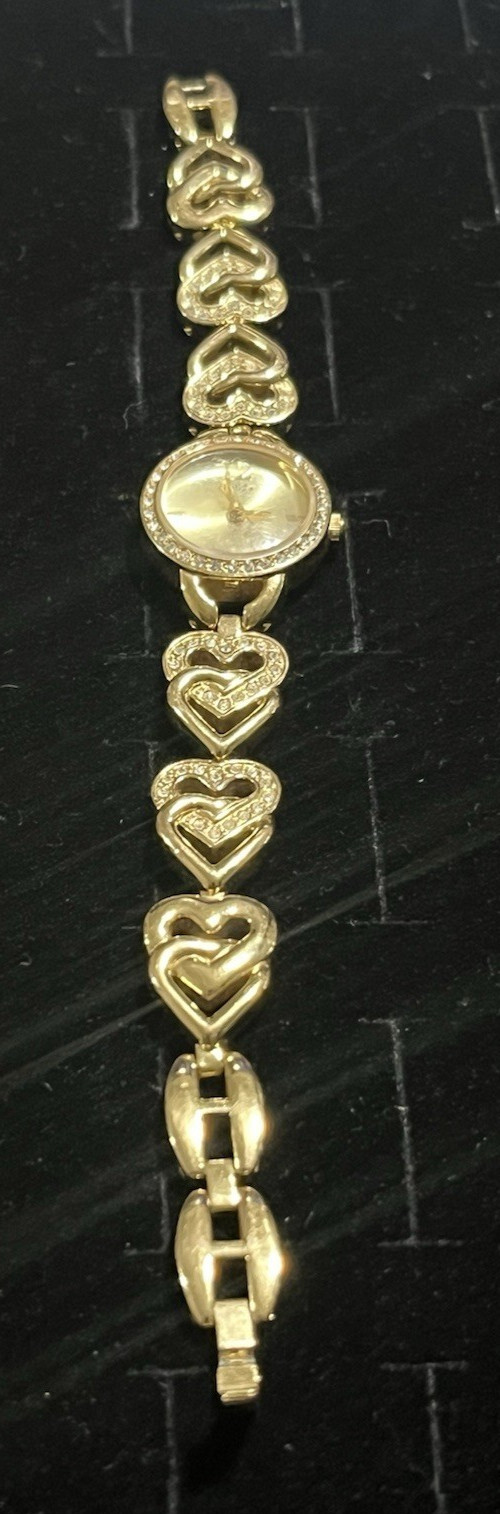 Guess Women’s Analog Watch Gold Tone Bracelet Band Clear Rhinestones Hearts