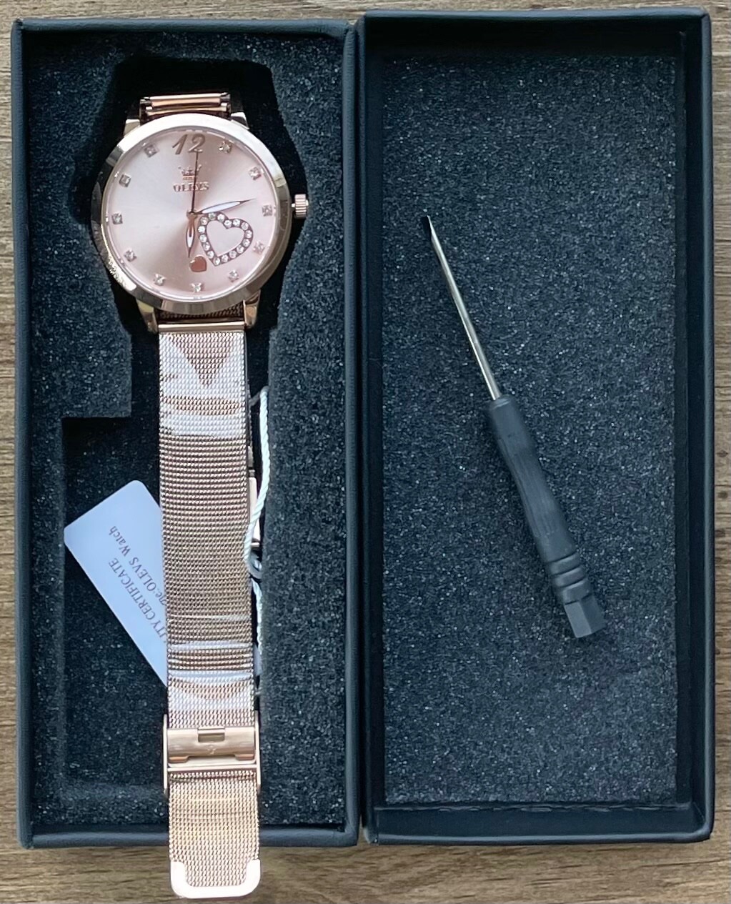 Olev’s Rose Gold Women’s Wrist Watch Heart Shape Gems – New Battery & Working