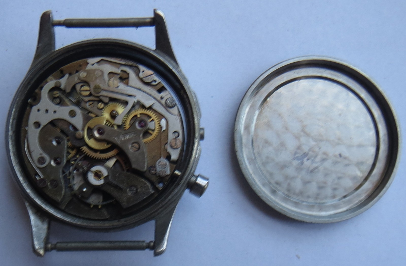 Landeron chronograph mens wristwatch nickel chromiun case screw back