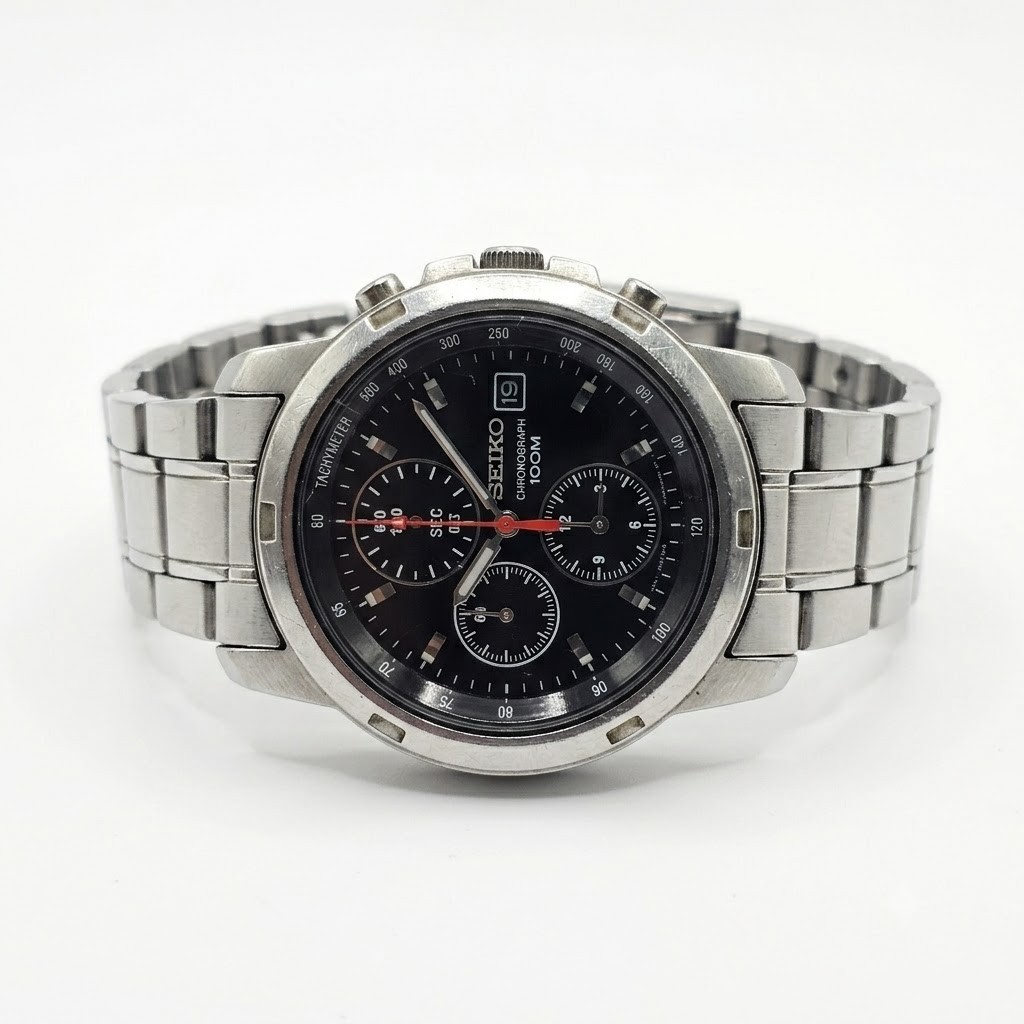 Seiko Chronograph 100M Men’s Watch Black Dial Stainless Steel 7T92 – Works Perfe