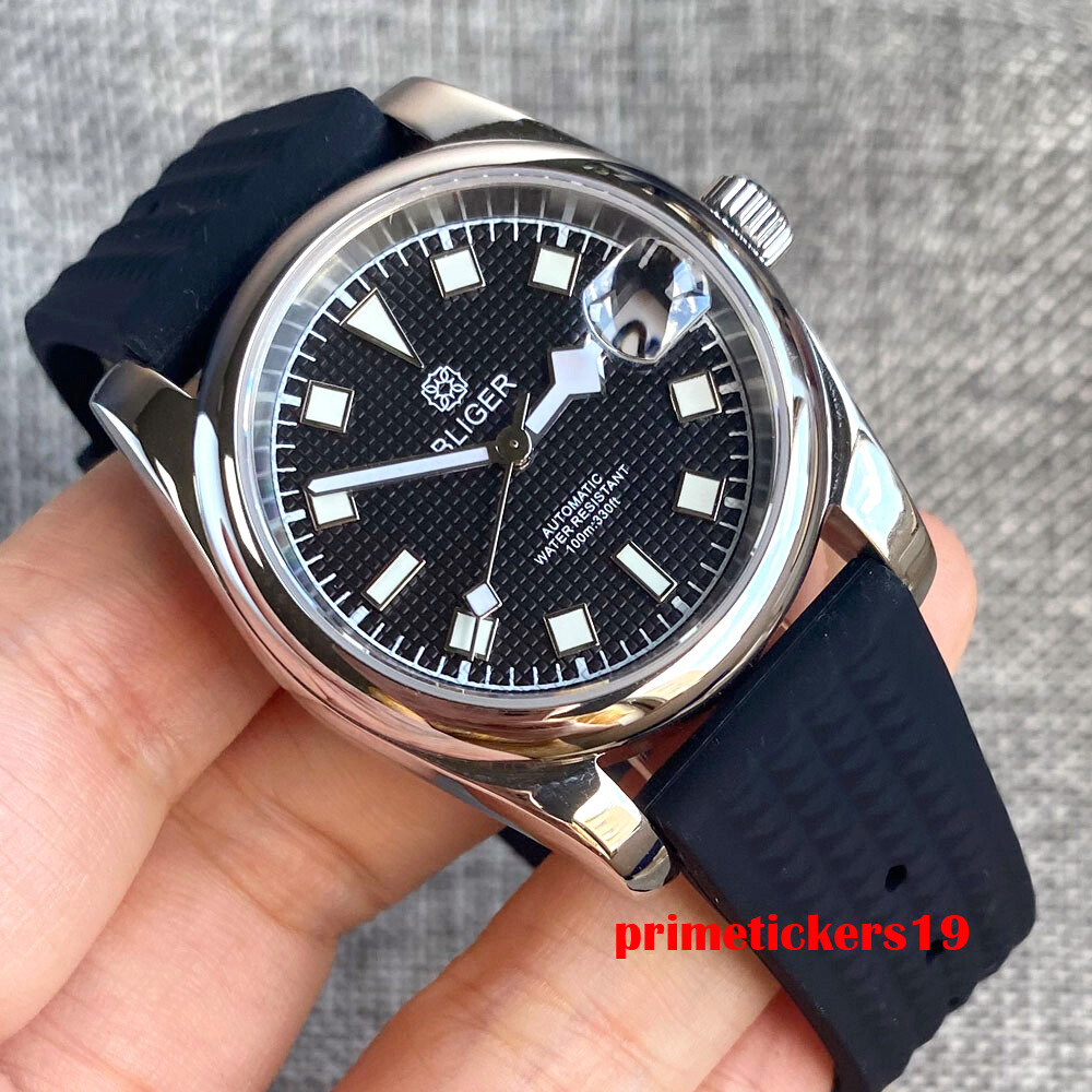 BLIGER 36mm/39mm Polished Case NH35A Automatic Men Watch Grid Dial Date Rubber