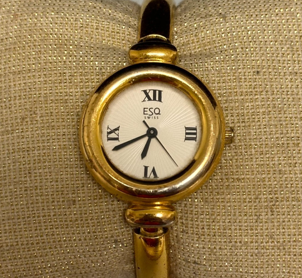 ESQ Swiss Womens Watch Gold Tone Bangle Band 25MM Round Dial New Battery 6″