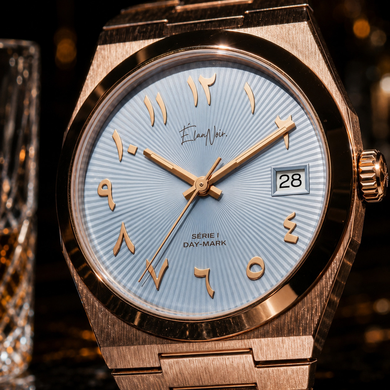 Custom Élan Noir Série I Rose/Blue 36mm Auto NH35 Sapphire Crystal Steel Watch