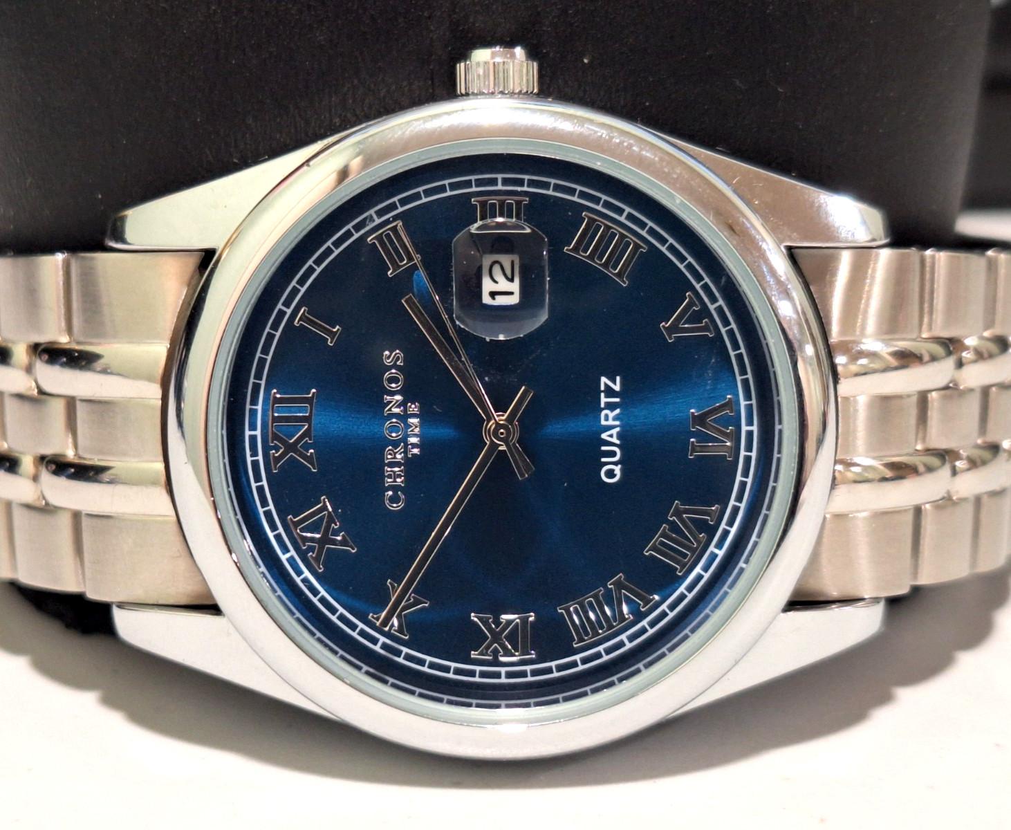 Chronos 40mm Blue Roman Number Dial Quick set Date Quartz CLEAN US Seller
