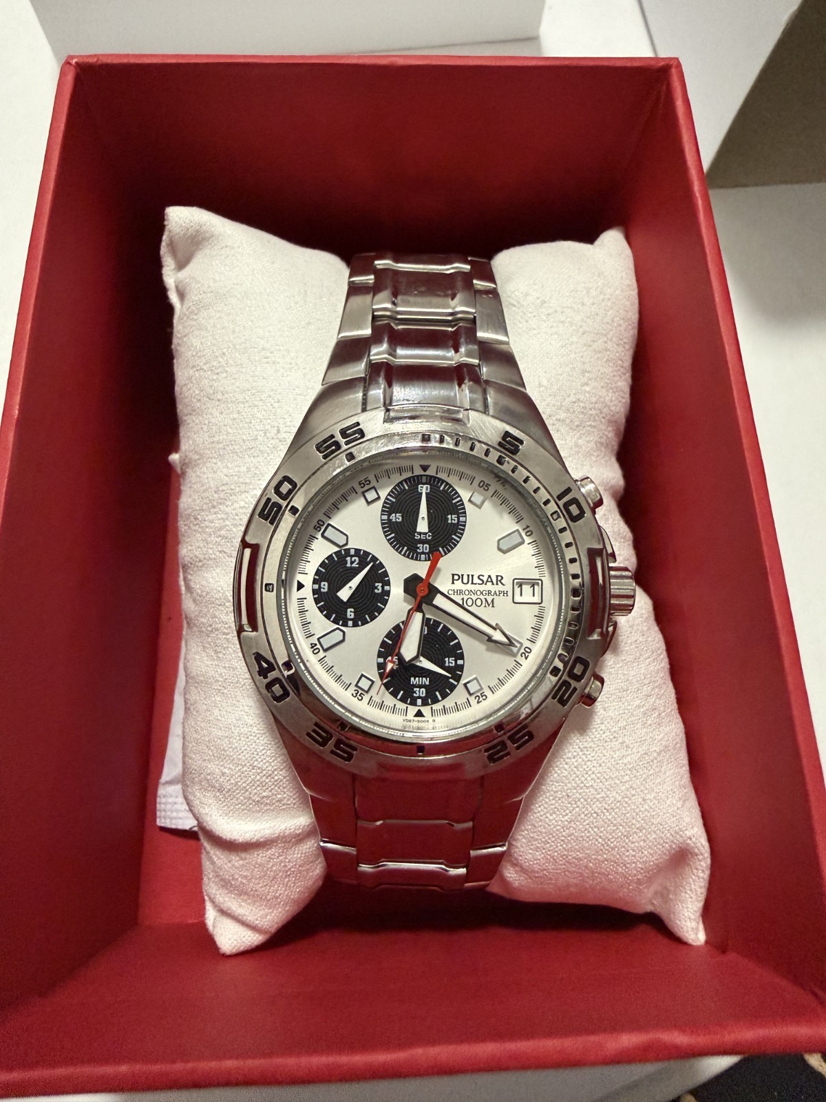 Pulsar Mens Quartz PF8221 Chronograph White Dial Stainless Steel Analog Watch