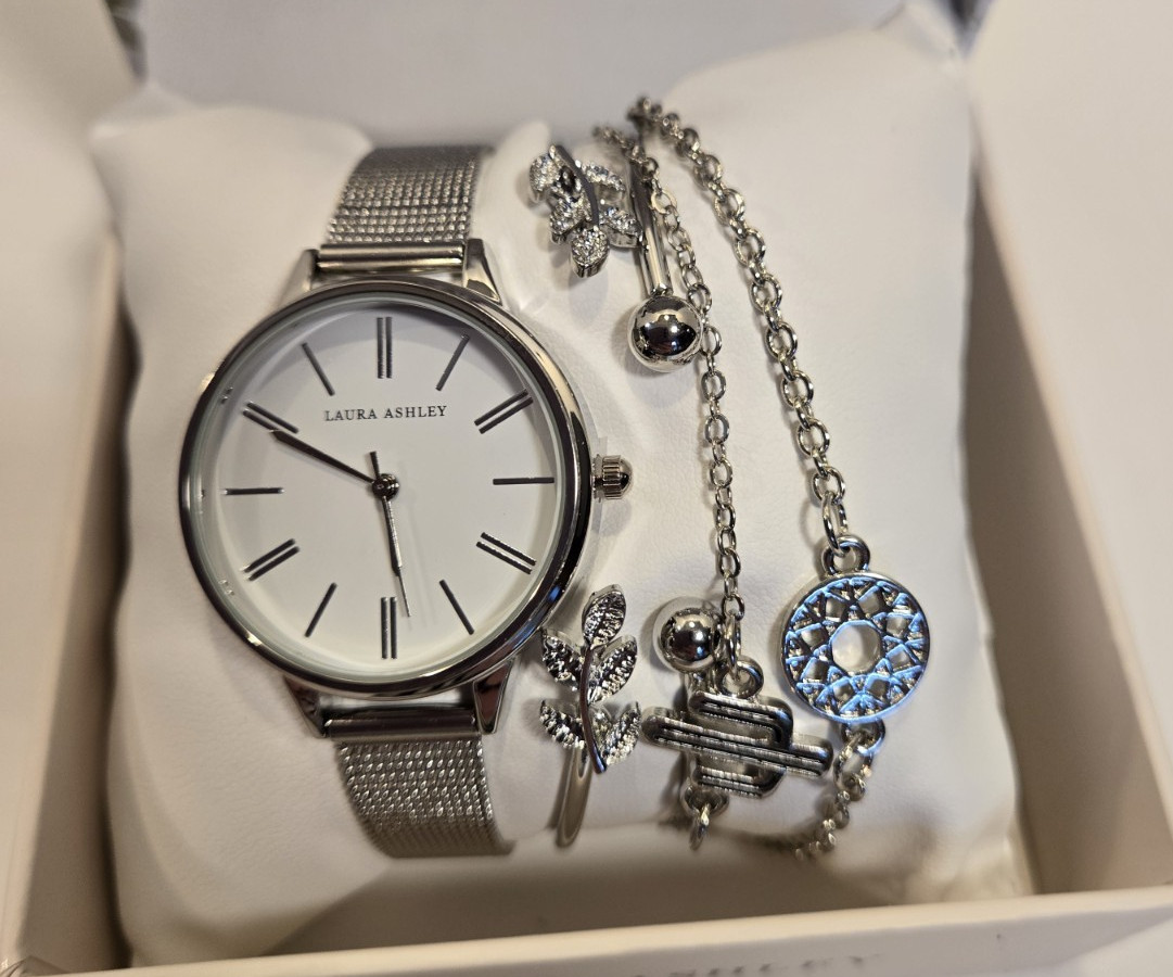 Laura Ashley Women’s’ Silver Watch set Western bracelets Gift Set $495 MSRP