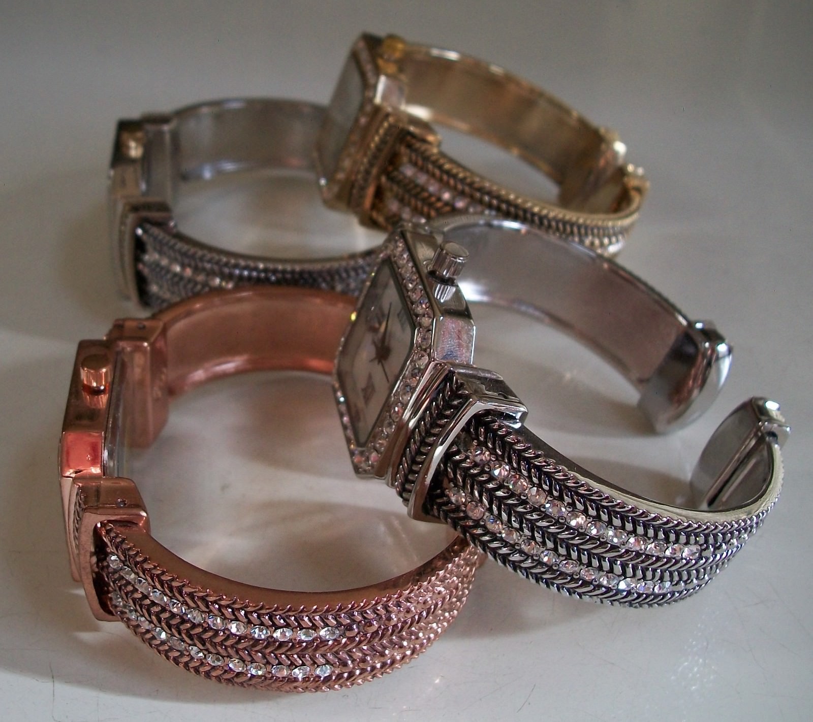 Women’s silver, gold & rose gold finish fashion rhinestone party cuff watches