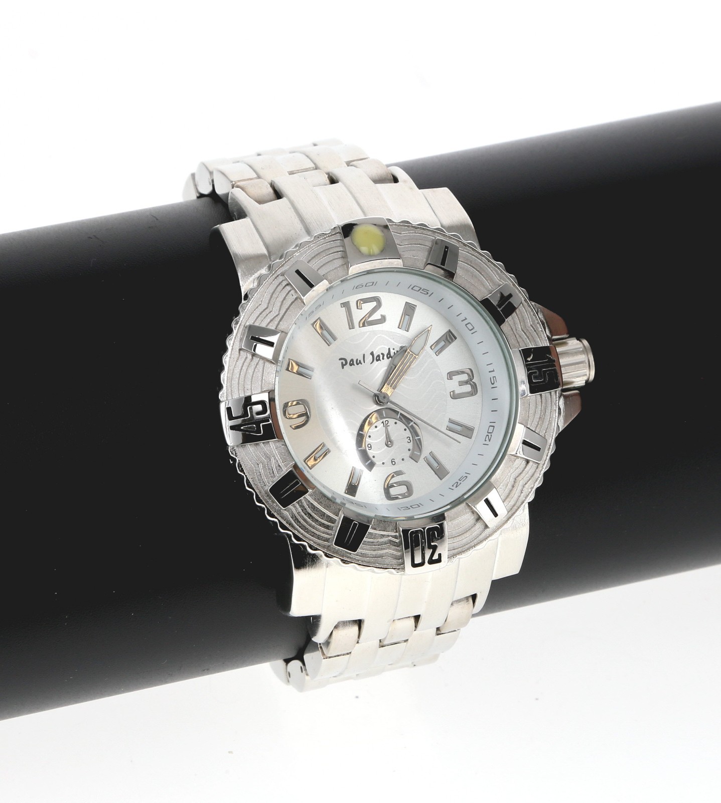 Paul Jardin Quartz Watch Heavy Metal Men Rotating Bezel Silver Dial 50mm