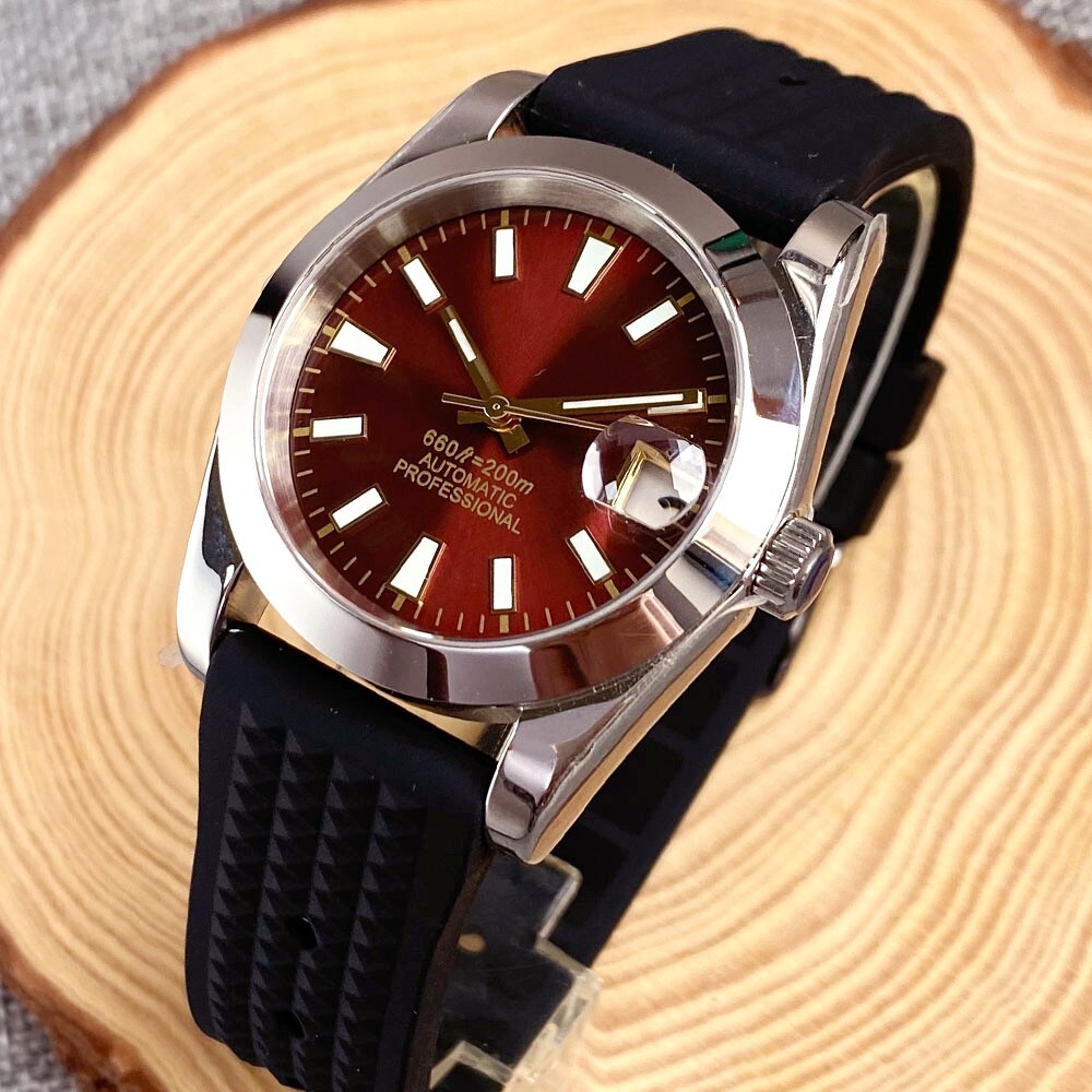 Dark Red 36MM NH35A 20BAR Waterproof Luminous Mechanical Men’s Watch Screw Crown