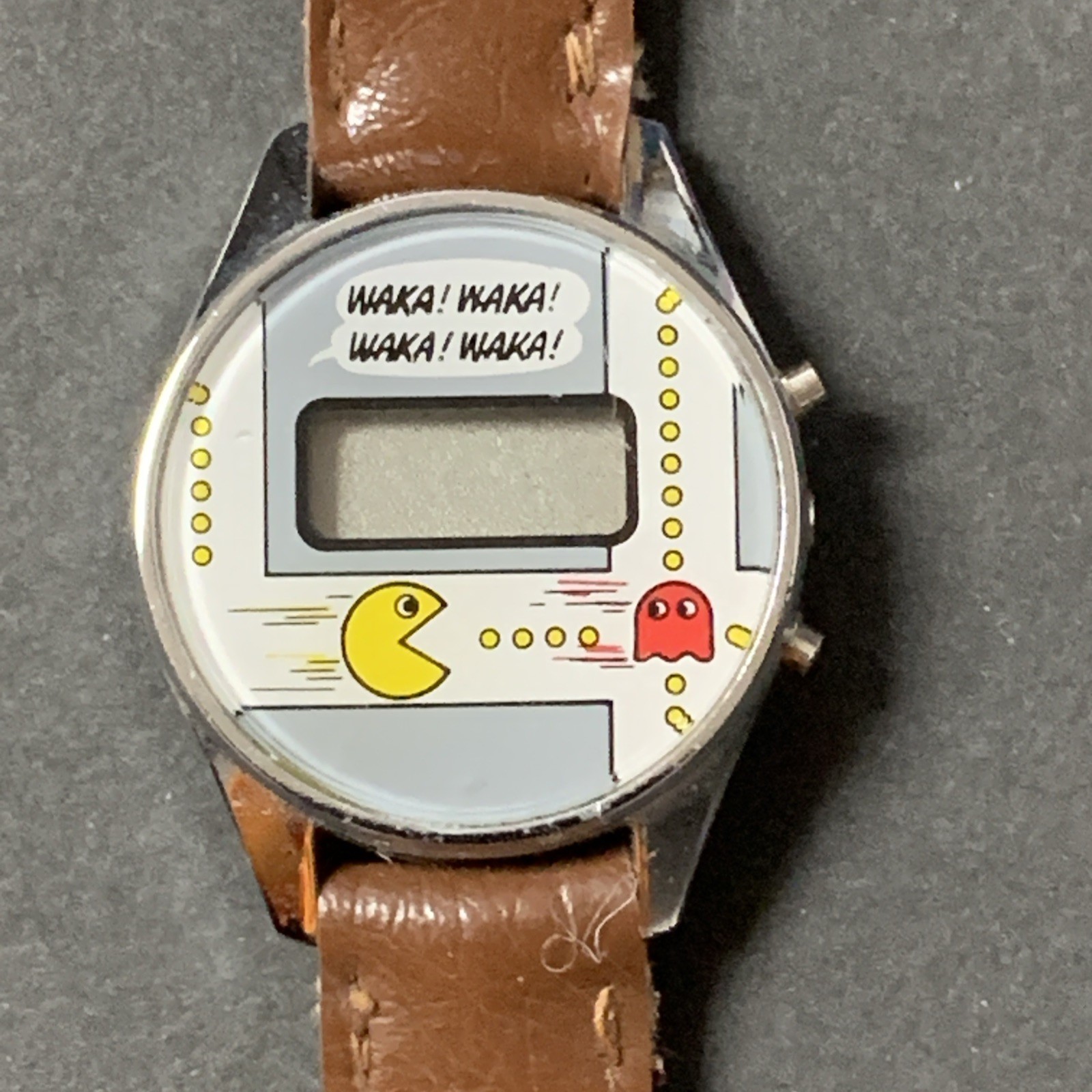 Vintage 80’s Pac-Man Watch w/Leather Band – Pac-Man & Blinky – Made in Hong Kong