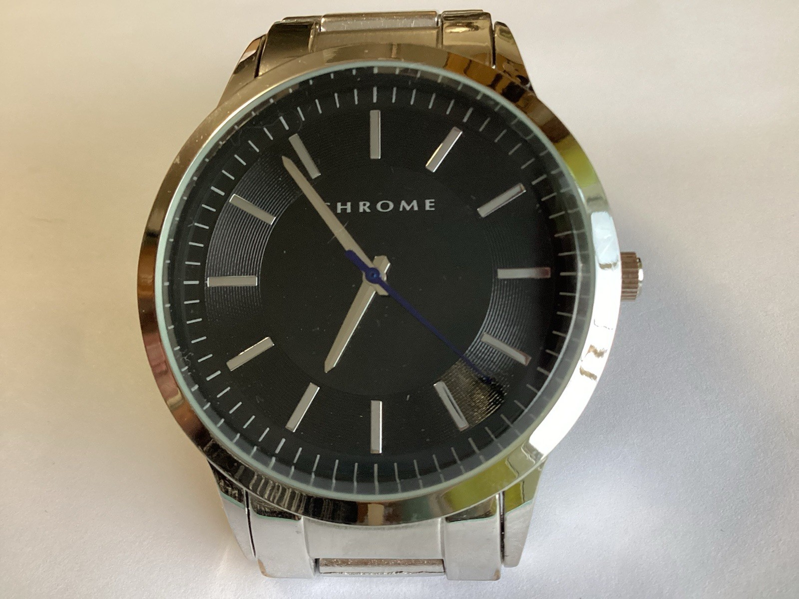 Chrome Mens Watch 42mm Silver Tone Black , Dial Stainless Steel w New Battery