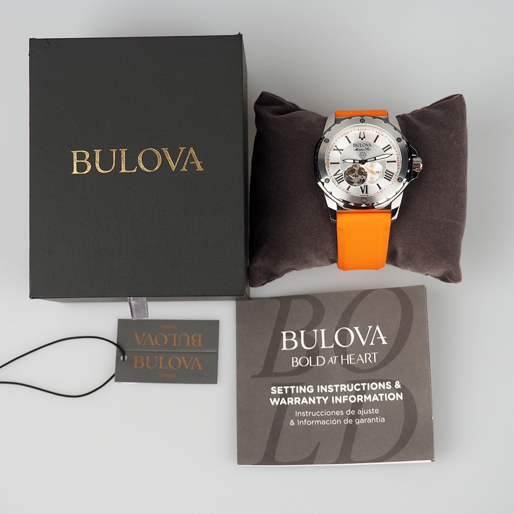 Bulova Men’s Marine Star Automatic White Dial Orange Rubber Strap Watch 98A226