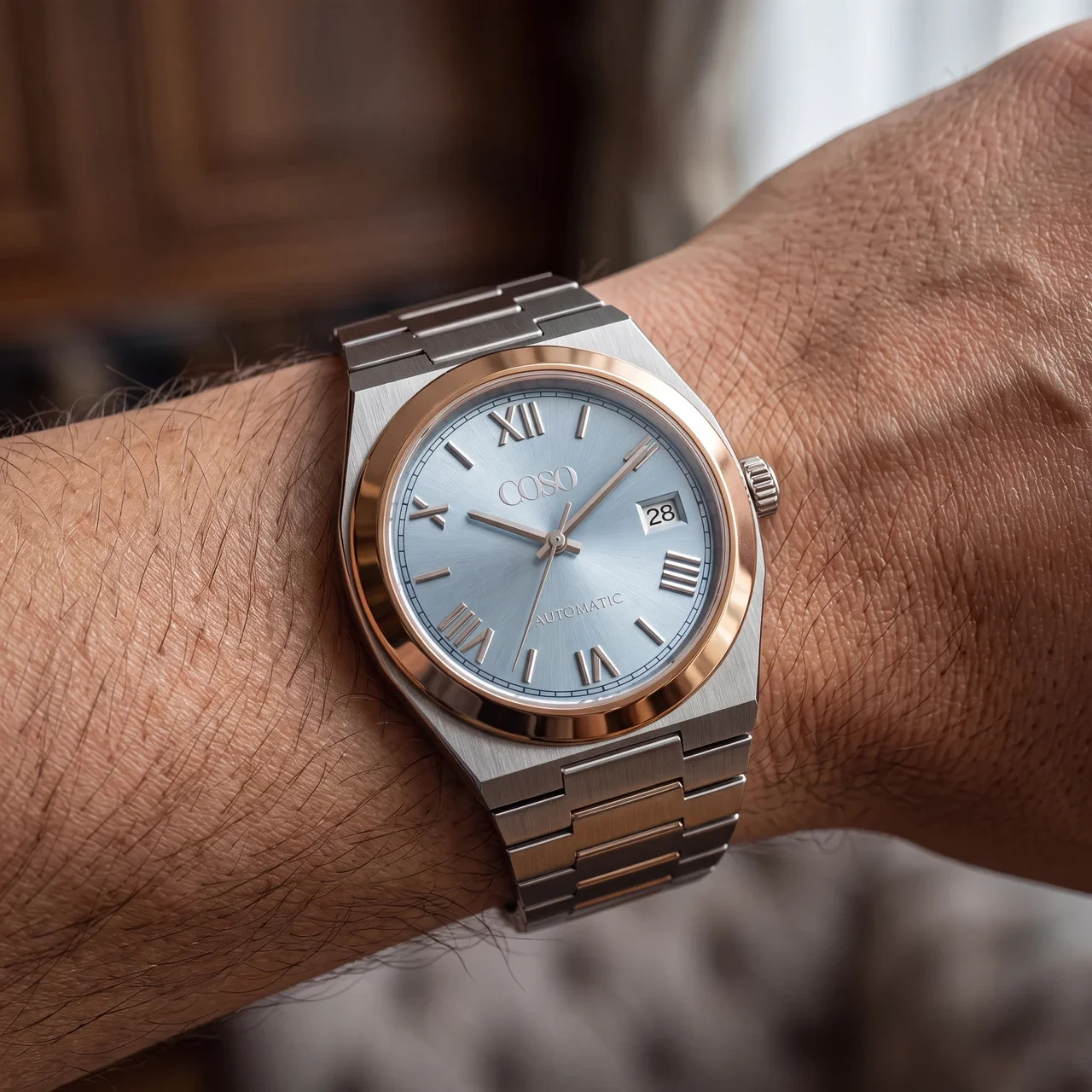 COSO Tolaris Automatic Watch Ice Blue Dial Rose Gold Bezel Roman Numerals