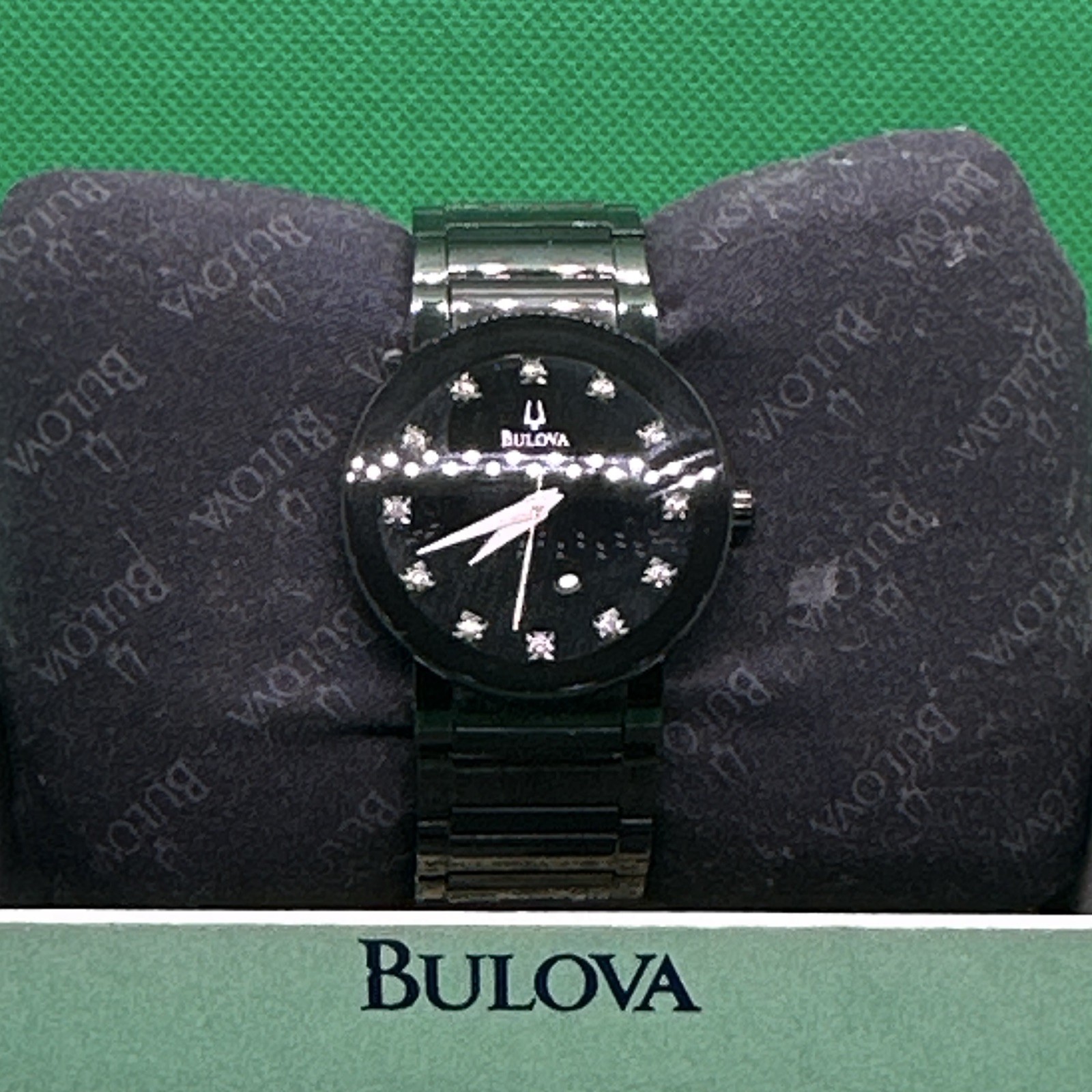 Bulova Diamond Women’s Quartz Watch Black Dial Diamond Markers SS Bracelet Box