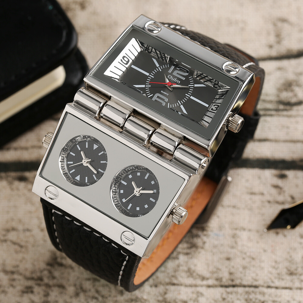 Oulm Men’s Steampunk Quartz Watch Muliti Time Zone Leather Strap Wristwatch Gift