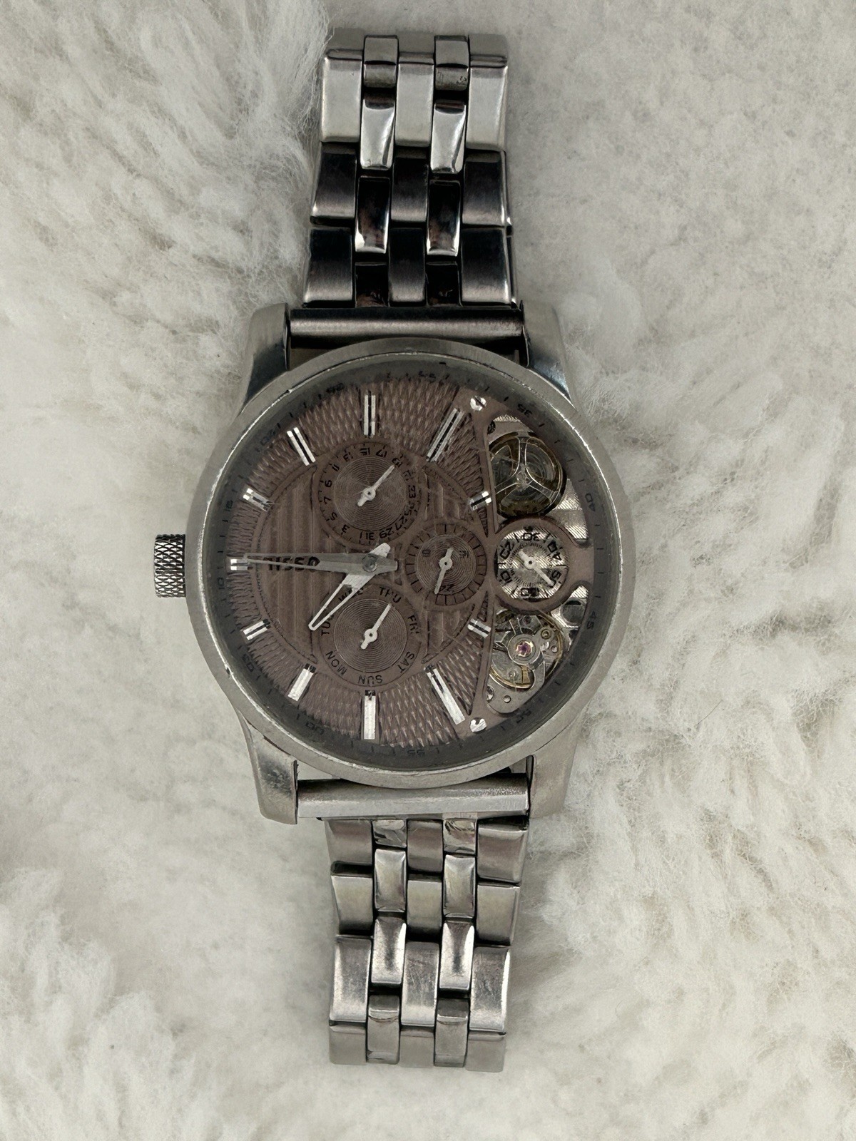 Fossil Twist ME1098 Men’s Watch – Semi-Skeleton Taupe Dial, Stainless Steel