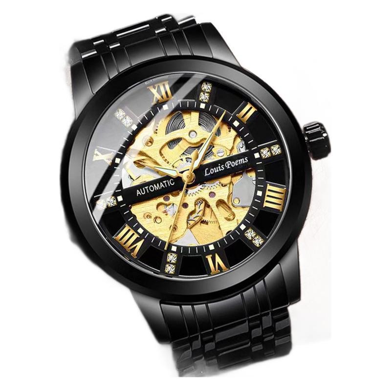 Men’s Luxury Stainless Steel Gold Tone Skeleton Automatic Mechanical Wrist Watch