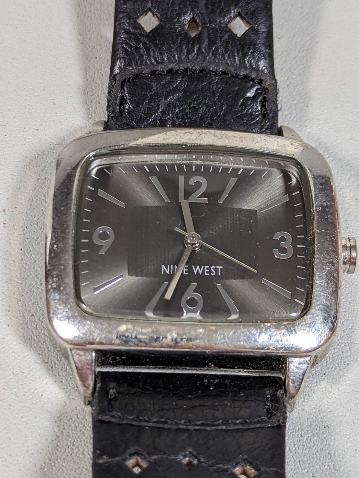Nine West Gunmetal Gray Silver Tone Rectangle Case Black Leather Band Watch