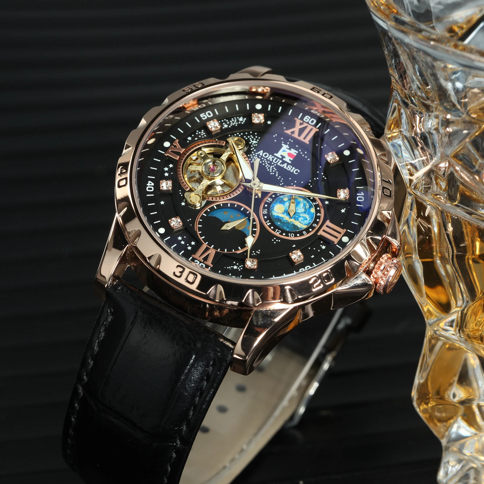 Men’s Luxury Tourbillon Skeleton Automatic Watch Moon Phase Starry Sky Dial