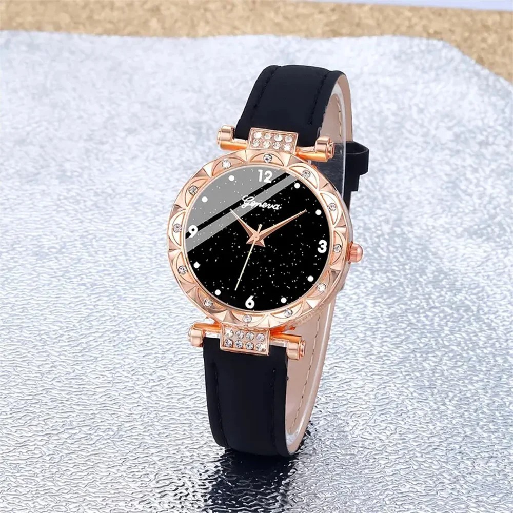 5 Pcs Luxury Black Round Rhinestone Quartz Watches And Necklace Set Women Gift