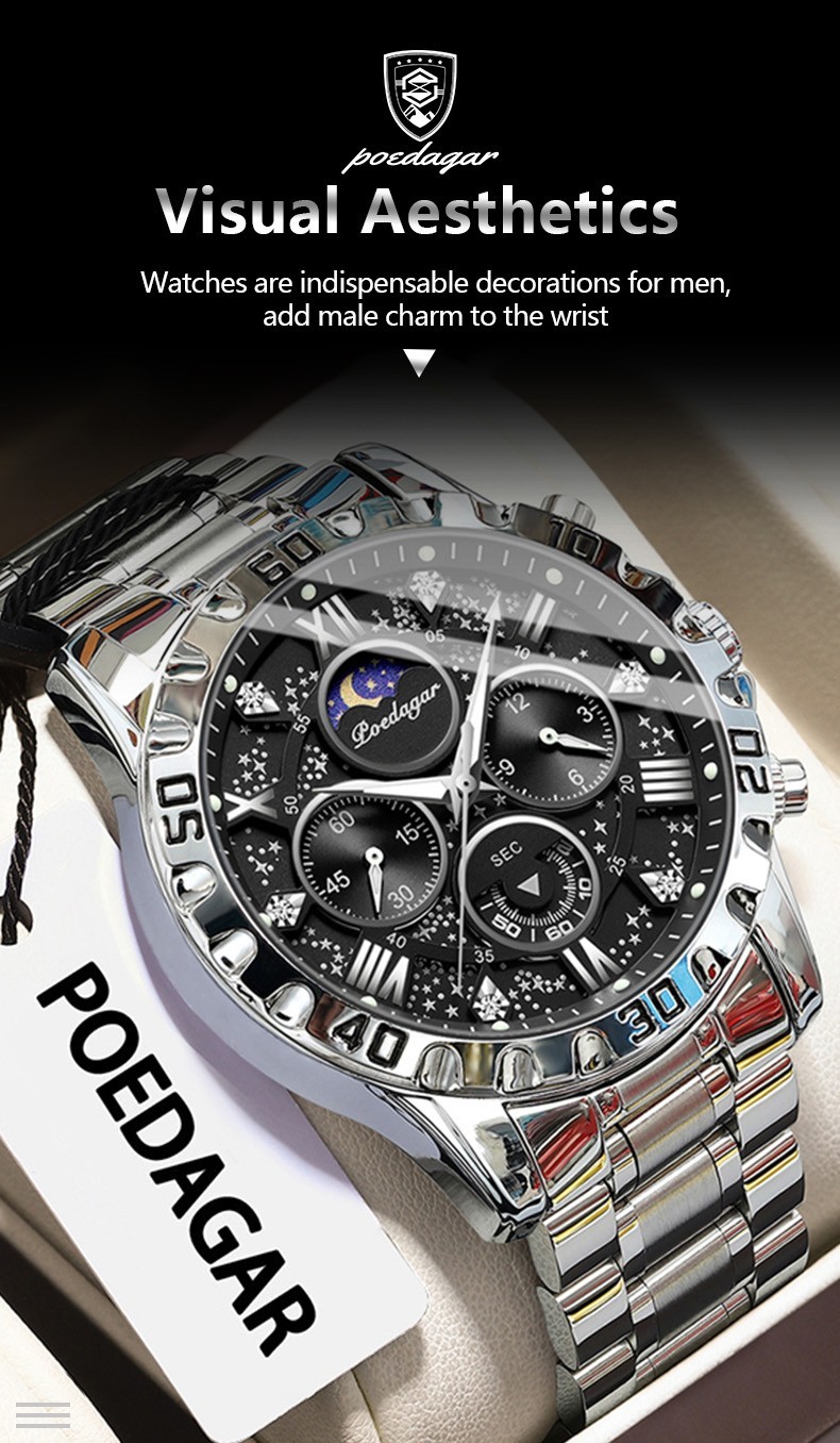 POEDAGAR Luxury Men’s Quartz Watch 3ATM Luminous Stainless-Steel Chronograph