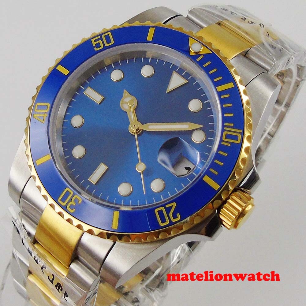40mm Gold Plated Sapphire Crystal Automatic Men’s Watch Blue Dial Steel Strap