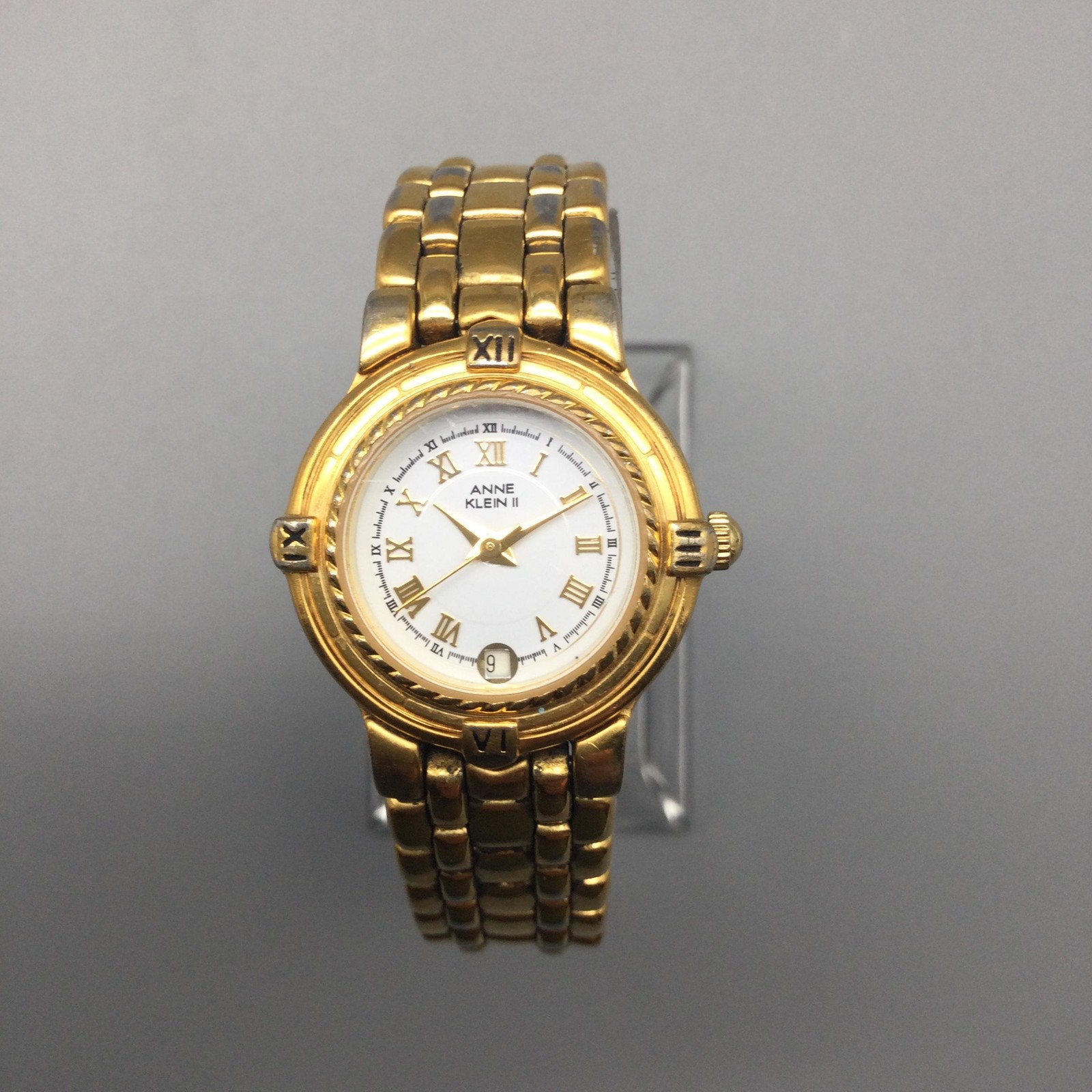 Vintage Anne Klein II 101744-7 Women Watch 25mm Gold Tone Date New Battery 6.5″