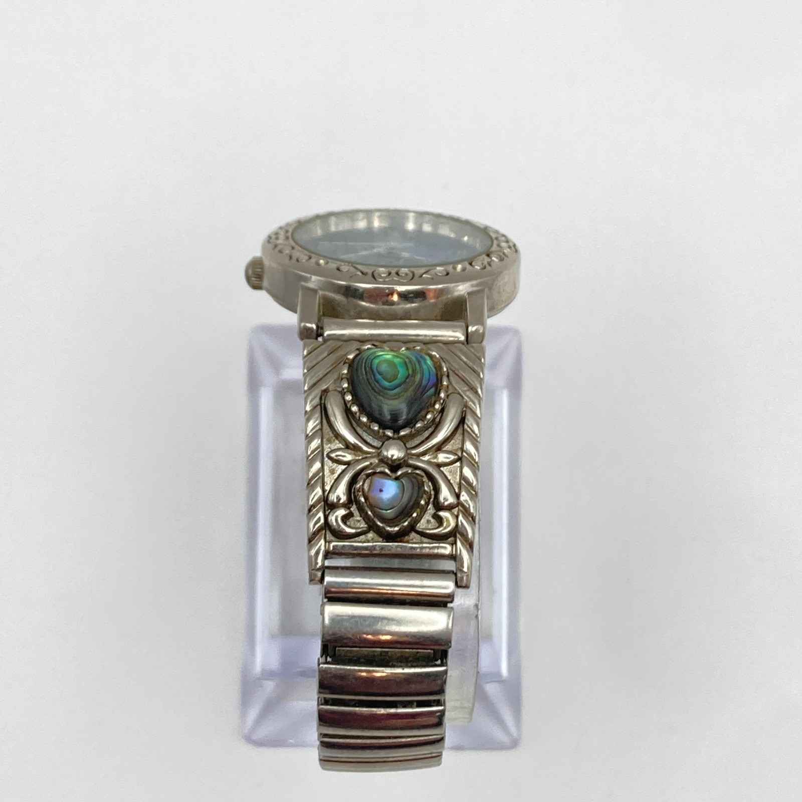LA Express Womens Watch Abalone Heart 22mm Silver Tone Stretch New Battery 6″