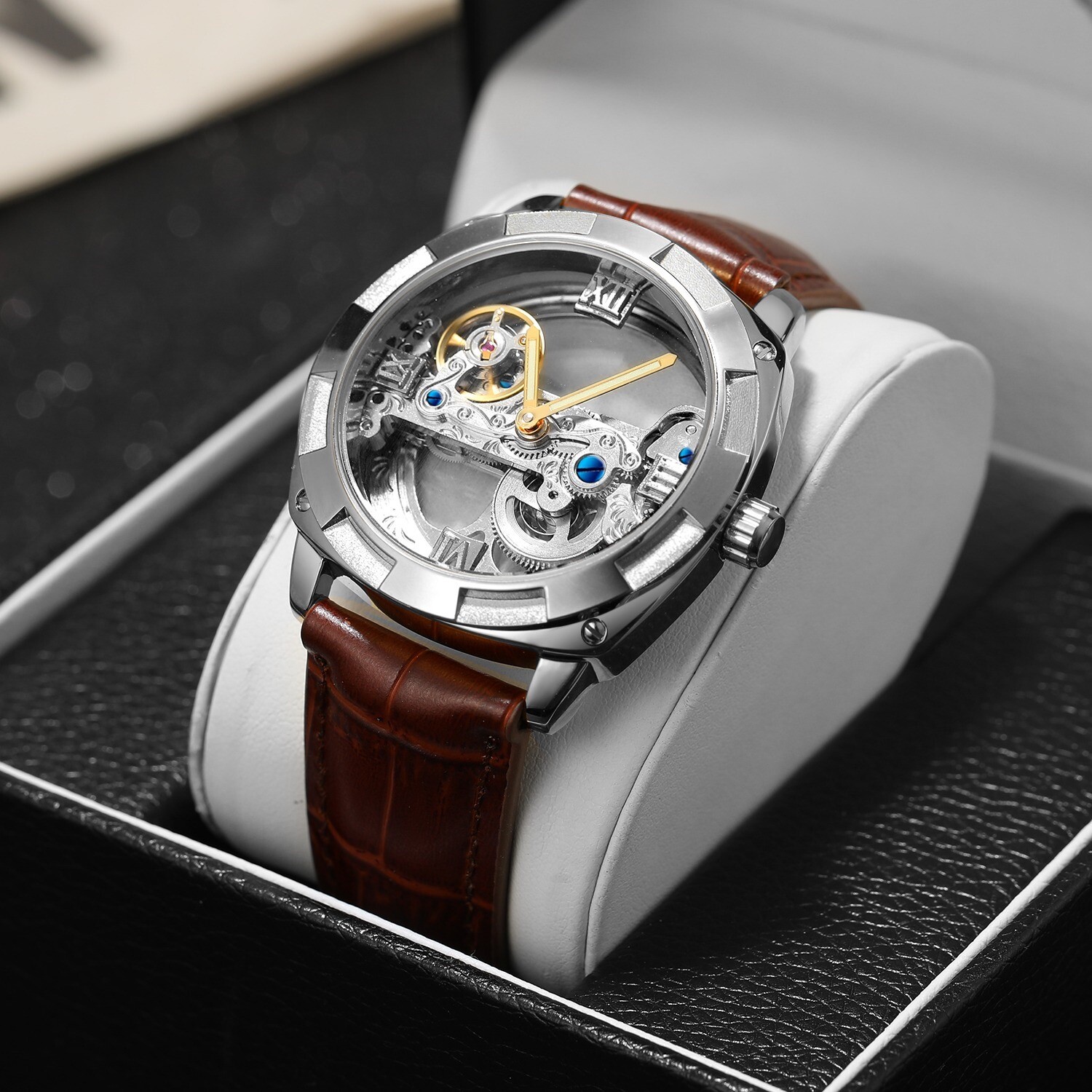 Forsining Mens Skeleton Mechanical Waterproof Luxury Watch Leather Hollow