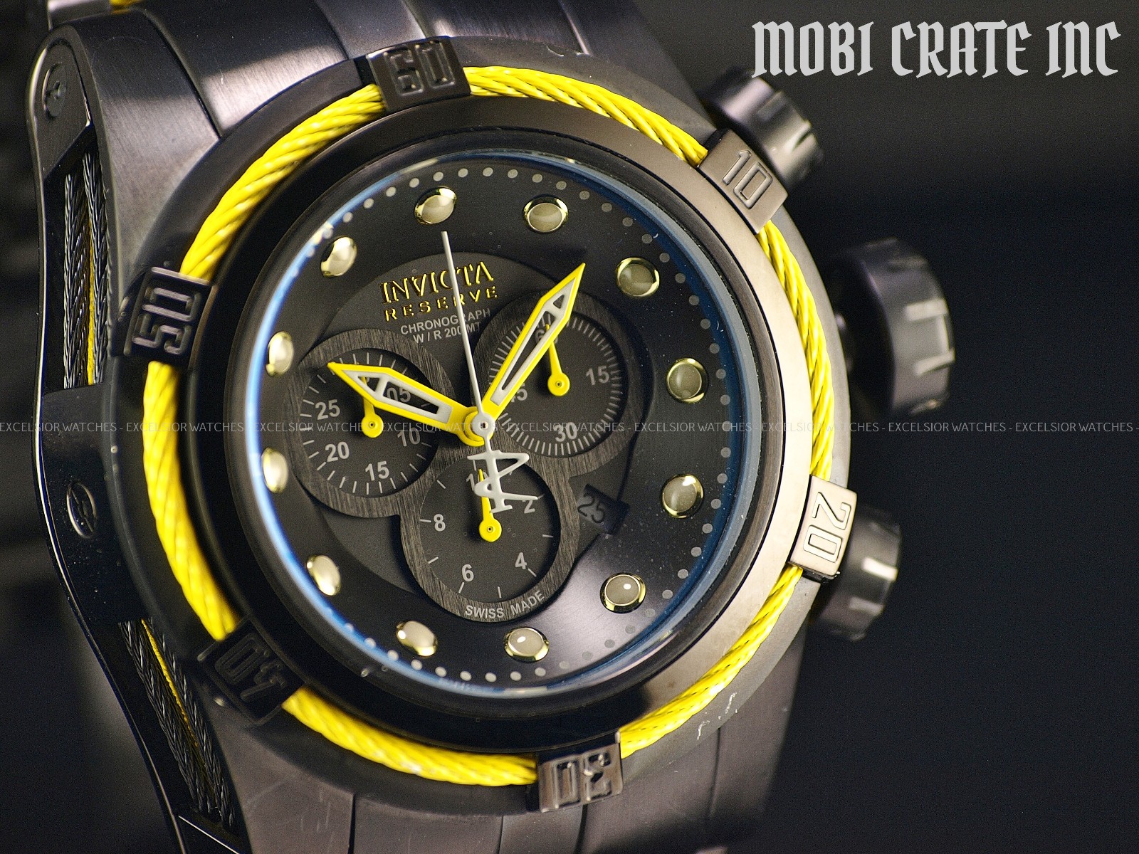 Rare Invicta 53mm RESERVE BOLT ZEUS Swiss Made Chrono Black Yellow SS Watch
