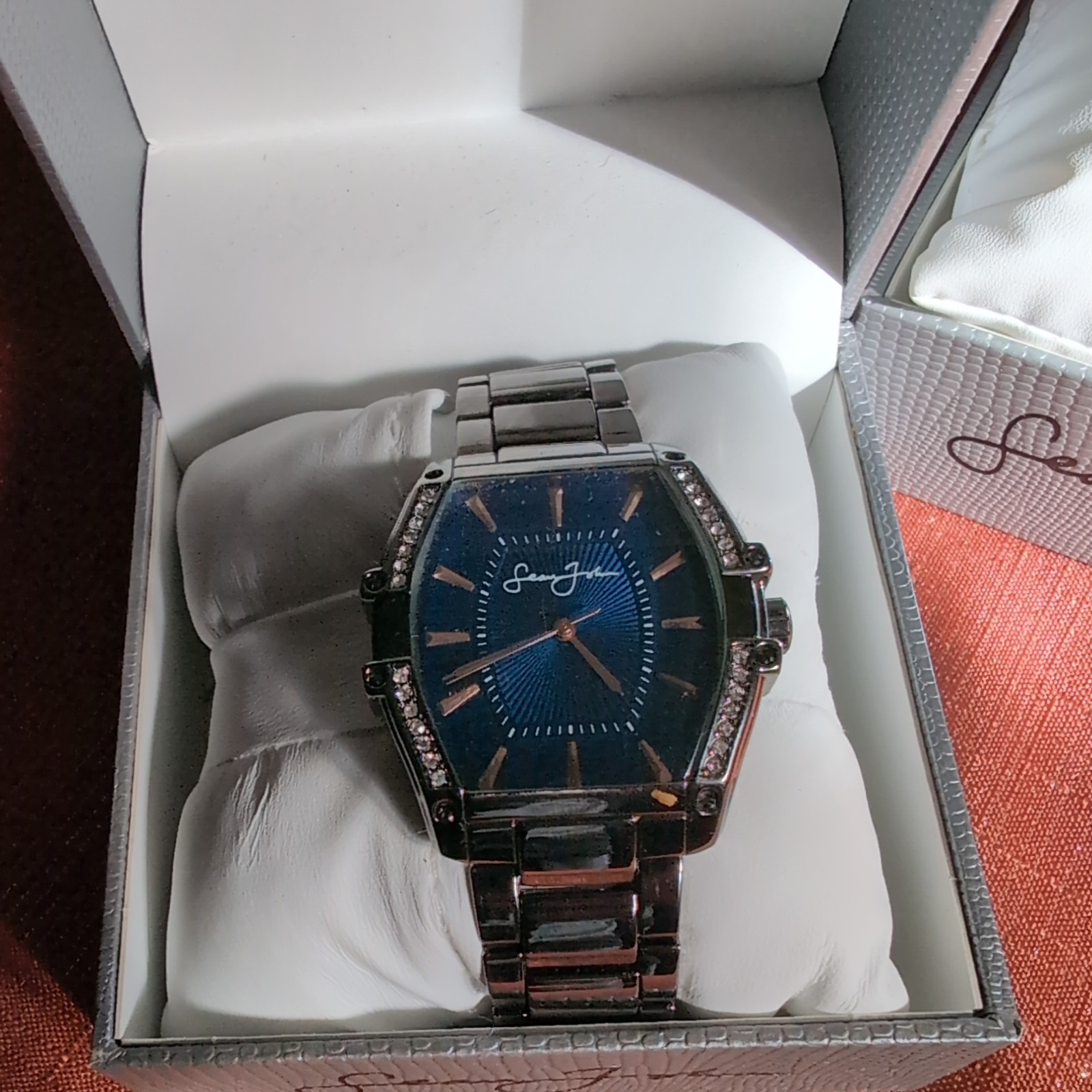 mens stainless steel sean john watch blue crystal outline