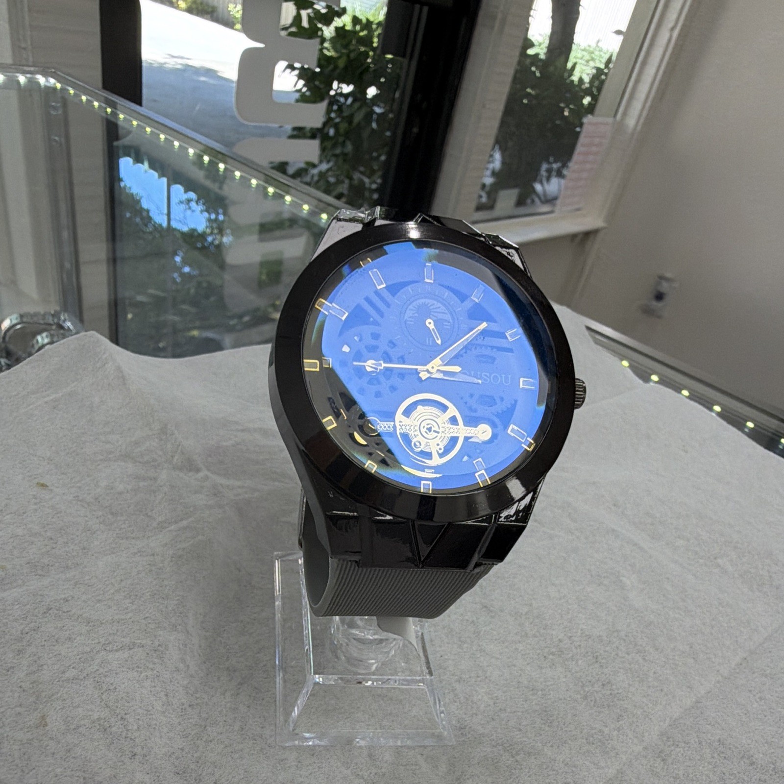Jiusou Mechanical Automatic Skeleton Dial Analog Watch Black Case Gray Strap