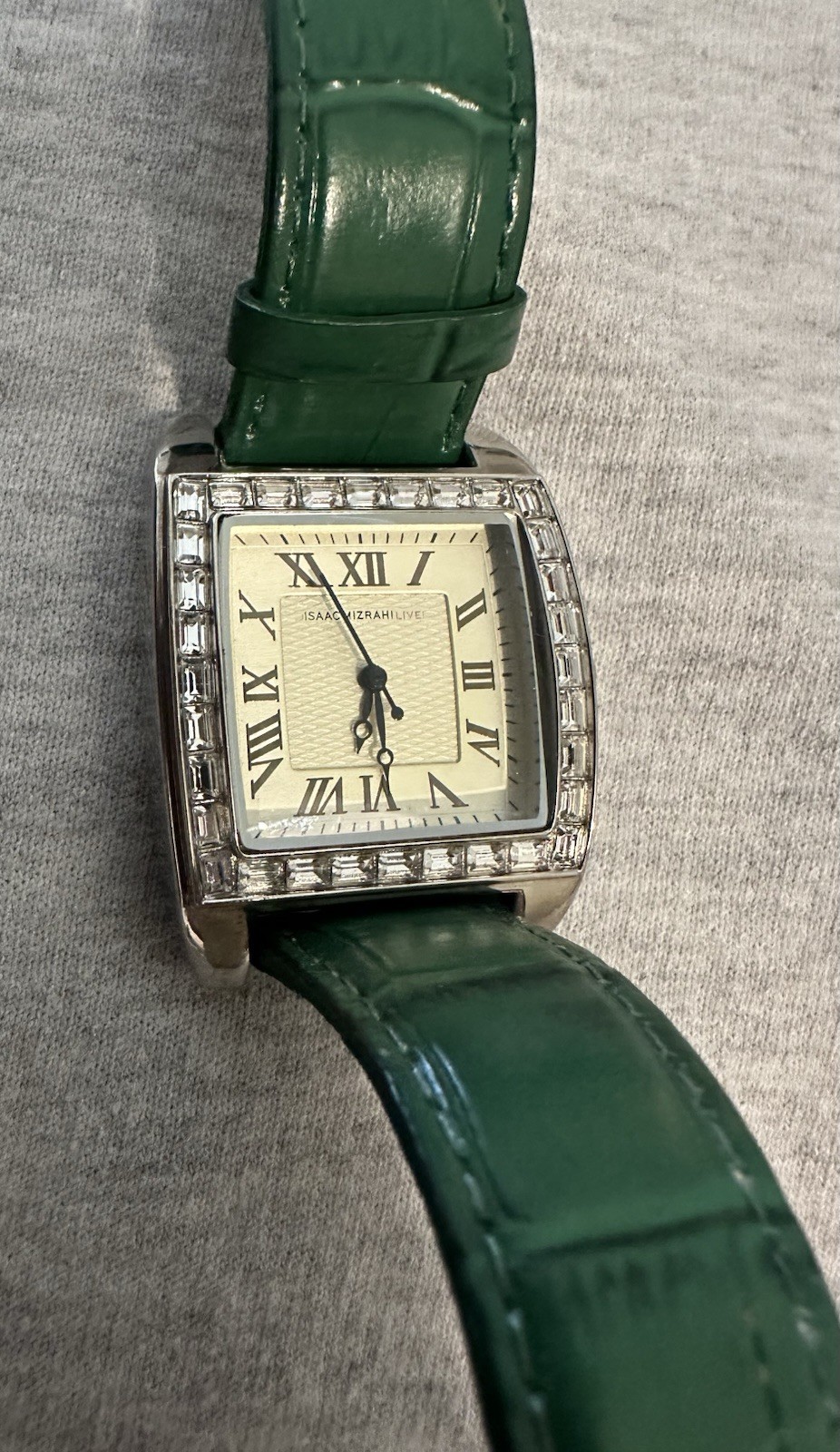 Isaac Mizrahi Live! Women’s Quartz Square Watch Crystal Bezel Green Strap