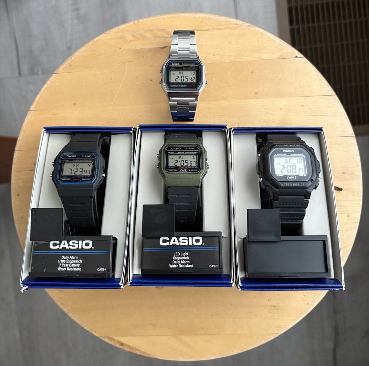 Casio F91W-1 Lot + Illuminator Black/green/ Stainless Steel Watch Strap, NEW NM