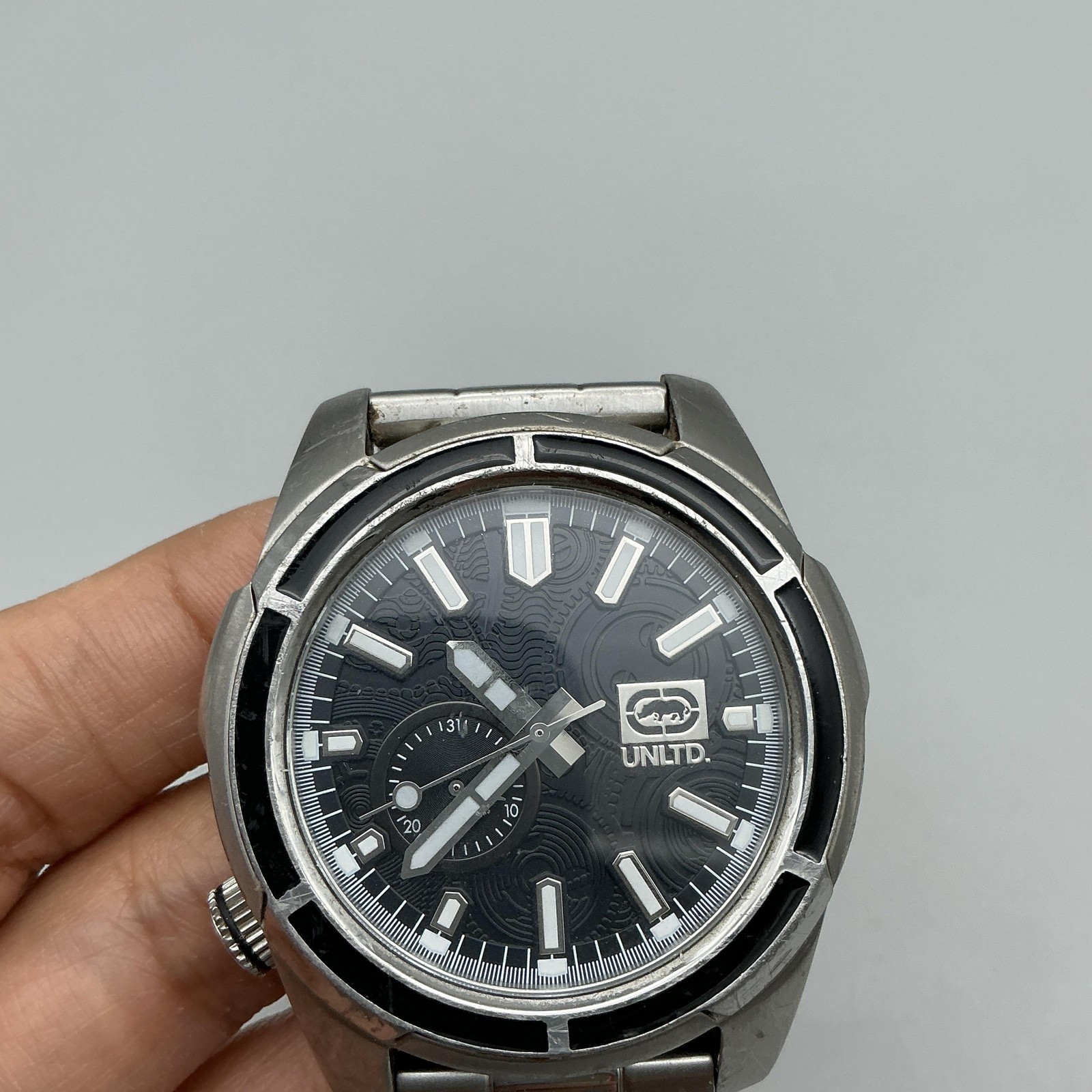UNLTD. By Marc Ecko E-15033G1 Mens Watch 46mm Black Dial Steel Bracelet 8″
