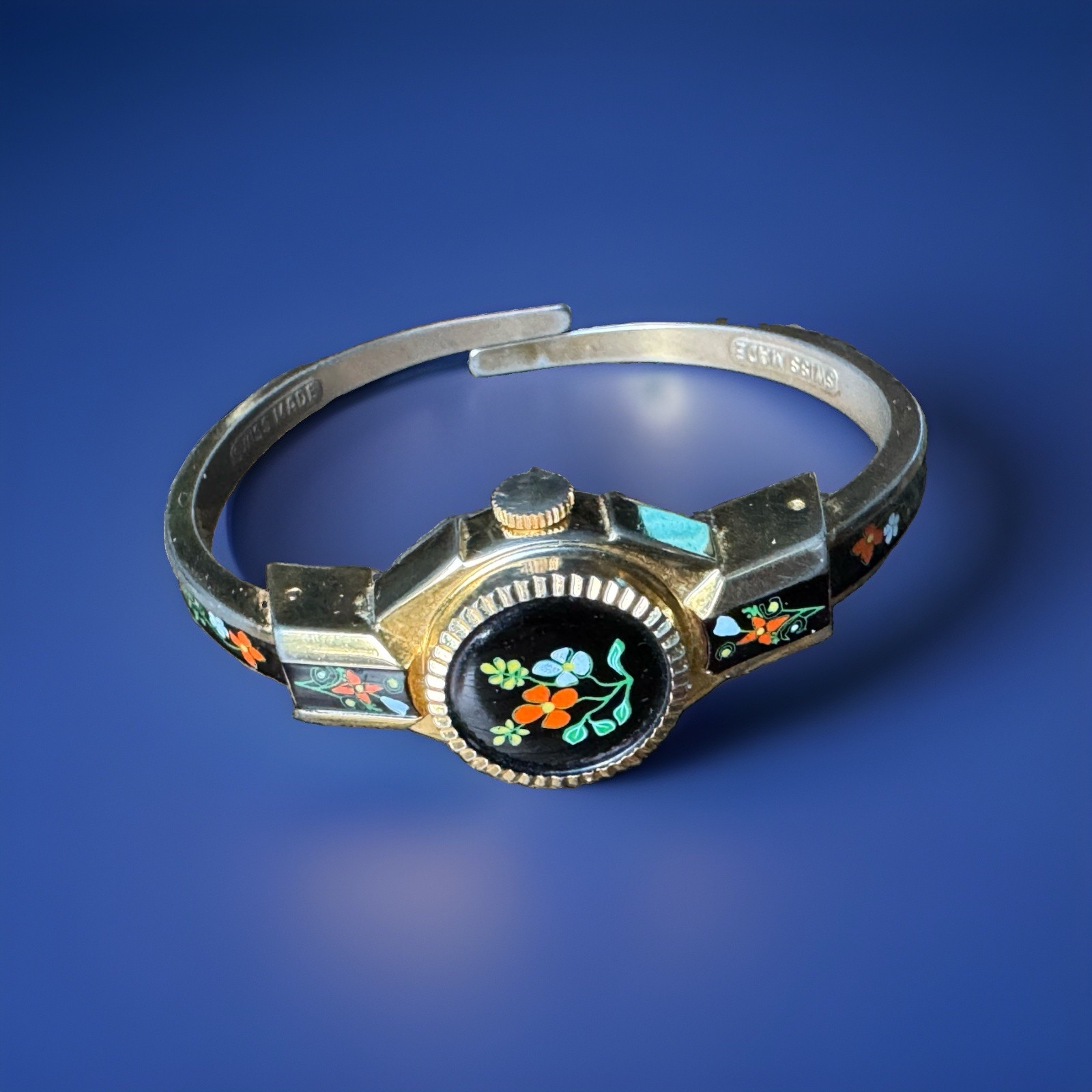 Vintage ALMARY Swiss 17 Rubis Mechanical Bangle Watch Floral Enamel Wind Up