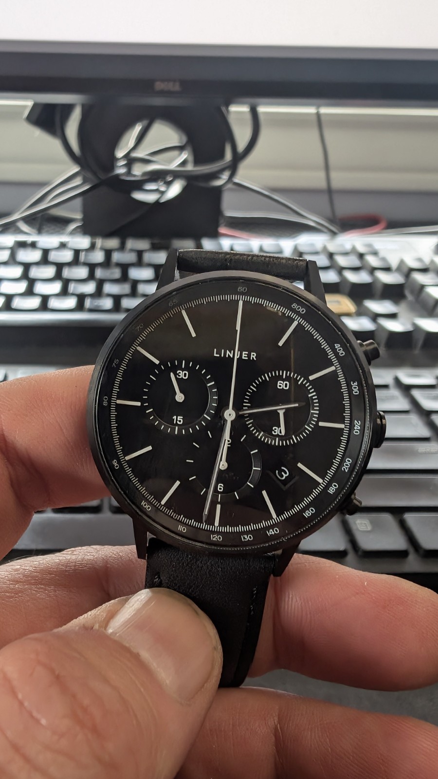 Rare Linjer Chrono Black Dial Quartz Watch – Sleek Minimalist Design! w/box&card
