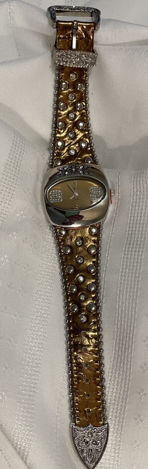 BINGHAM Ornate Quartz Western Style Bronze Tone Faux Leather/Rhinestones Band