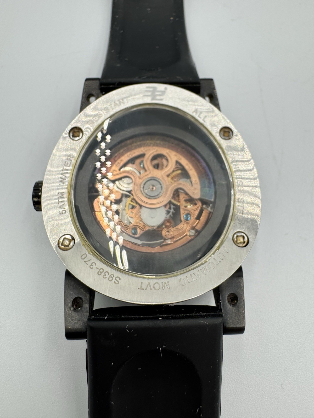 32 DEGREES Automatic Movement Floating Goldtone Skeleton Dial W44mm Black Good C