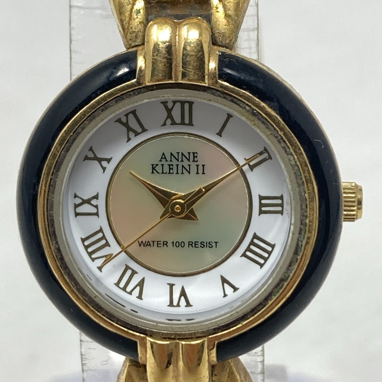 Vtg Anne Klein II Watch Women 24mm Gold Tone MOP Black Classic New Battery 8″