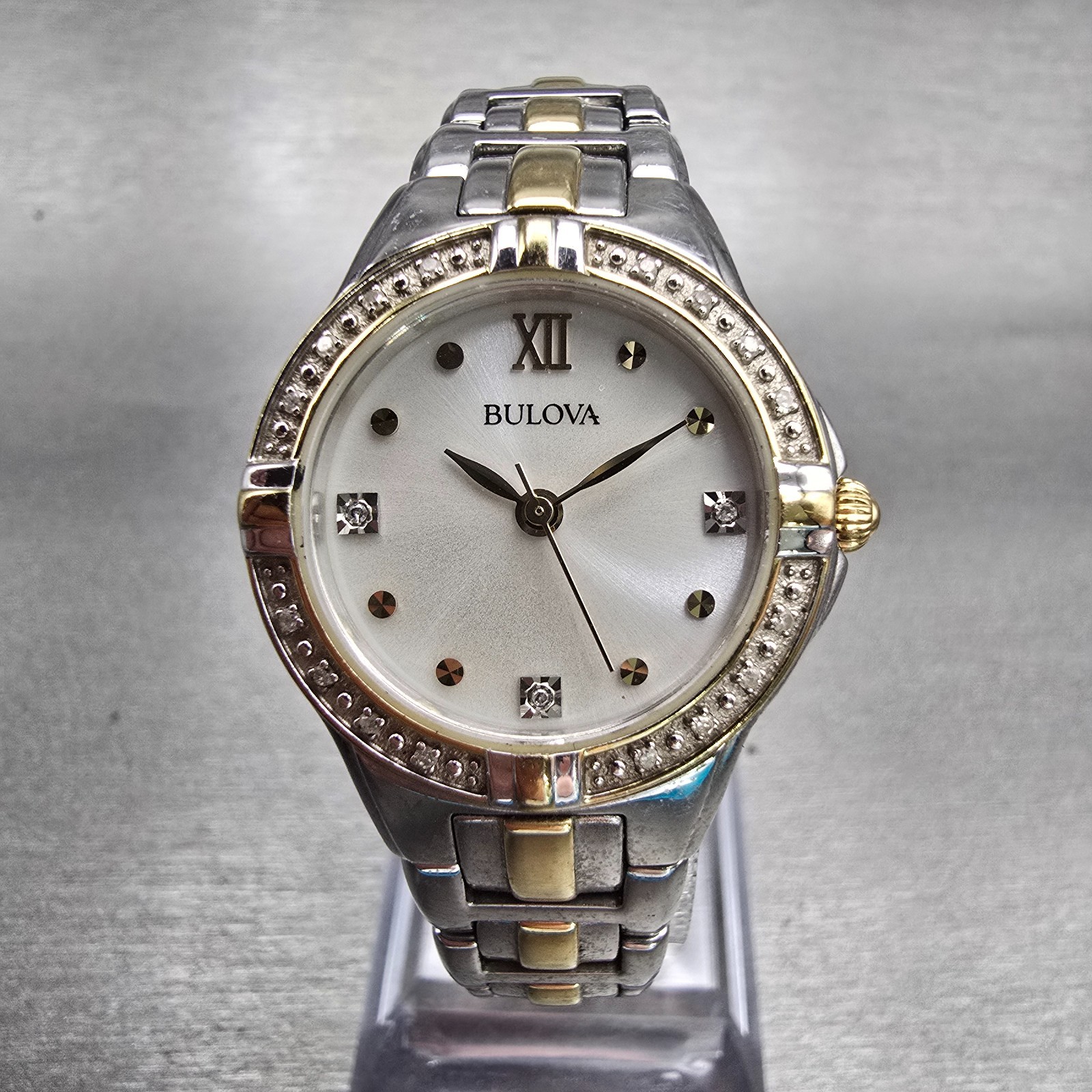 Bulova Watch Women 26mm Silver Dial Two Tone Gemmed Bezel 98R166 New Battery
