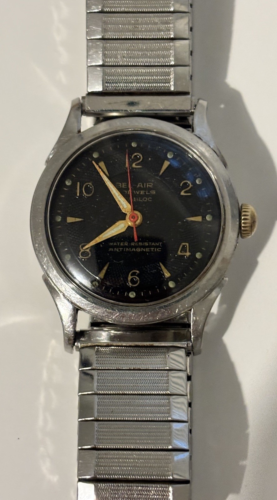 Vintage Bel-Air 17J Incabloc Automatic Black Dial Red Seconds Hand Swiss Watch