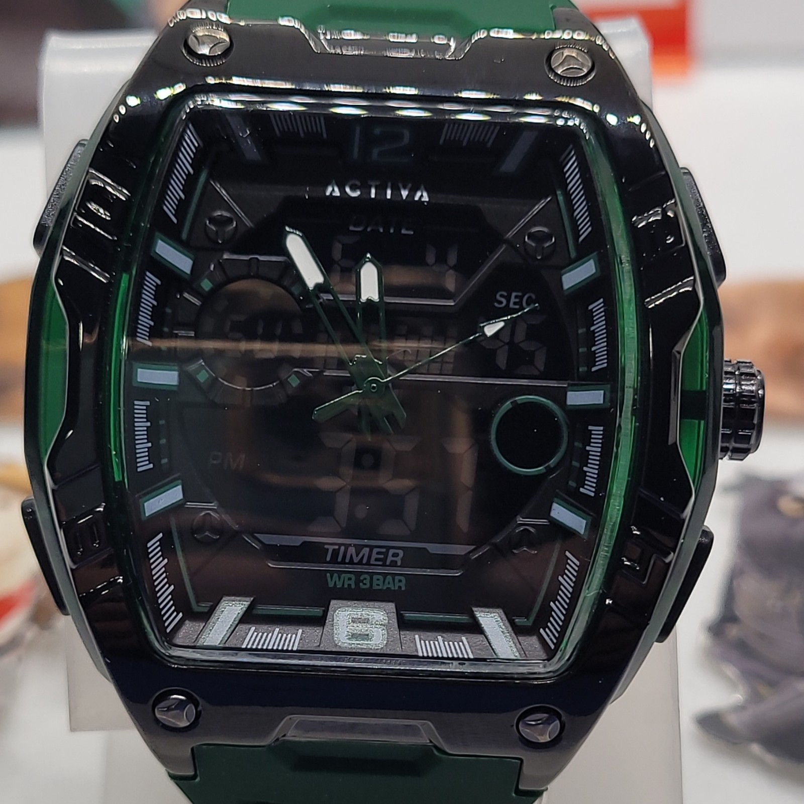 551 Activa Men’s Sports 50mm Analog & Digital Quartz 30m Green Rubber in Box