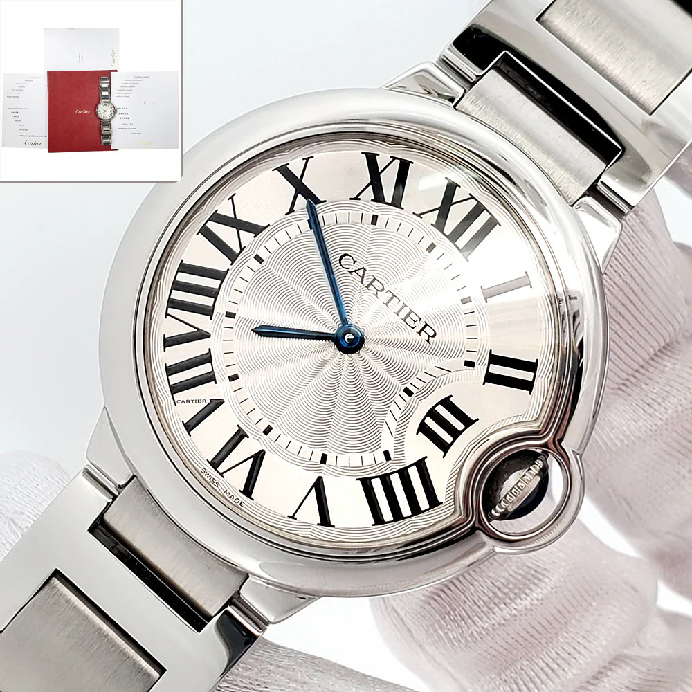 Cartier Ballon Bleu 36mm Silver Roman Quartz Steel Watch W69011Z4 3005 Papers