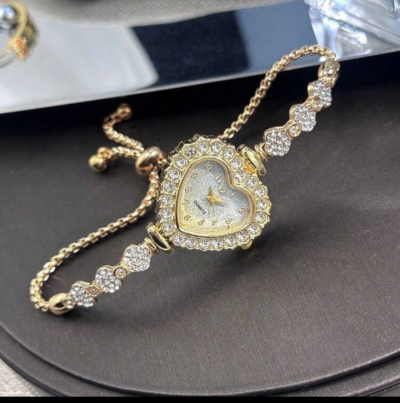Women’s Heart-Shaped Analog Quartz Bracelet Watch, Rhinestone Bezel Gold/Rose