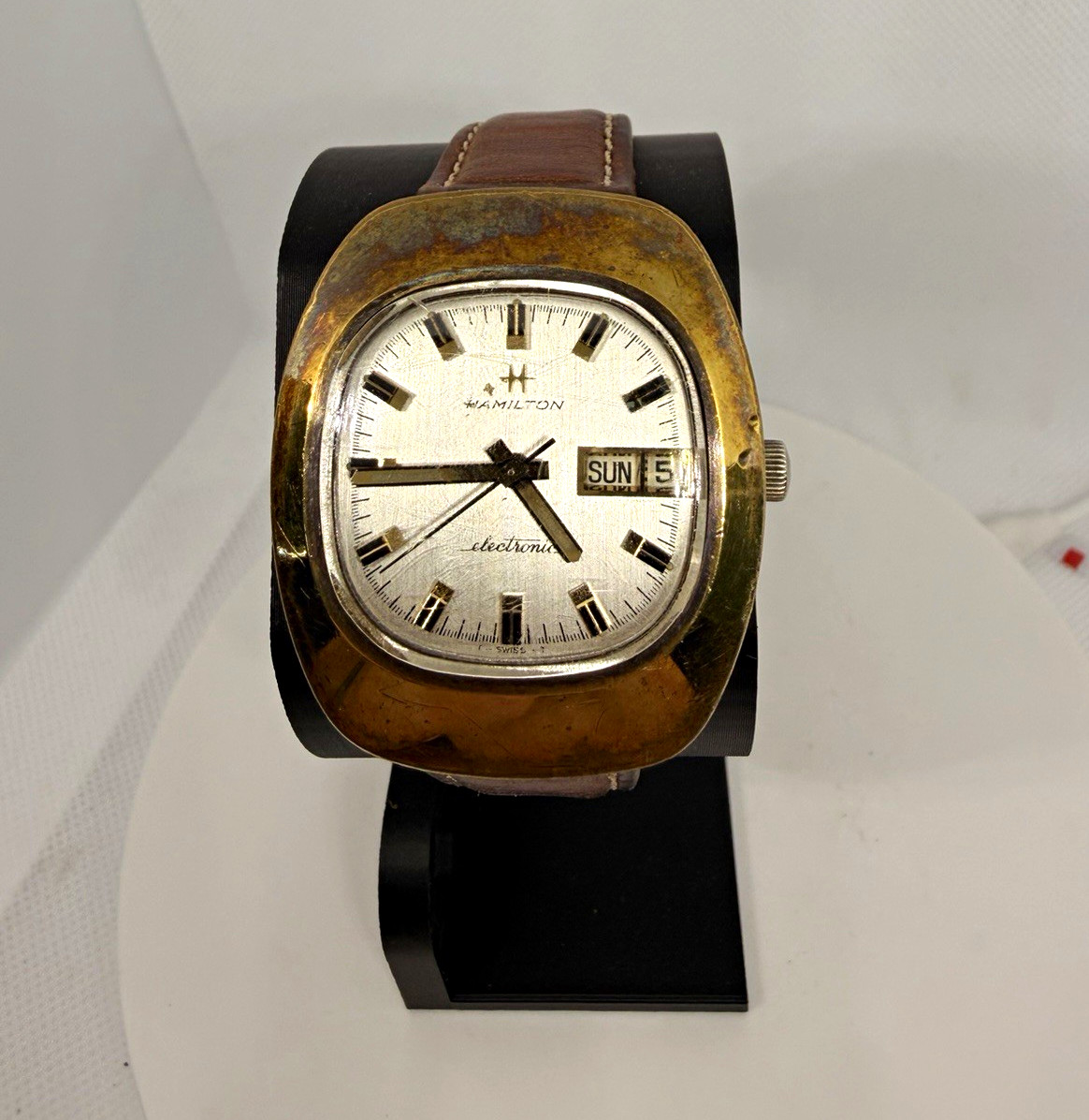Hamilton Electronic Vintage Quartz Cushion Silver Dial Day/Date Gold Plated