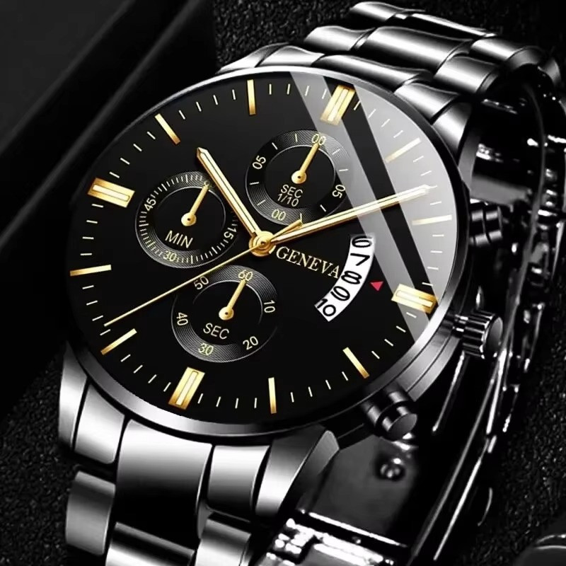 Fashion Men Stainless Steel Watch Luxury Calendar Quartz Wrist Watch 1pcs black